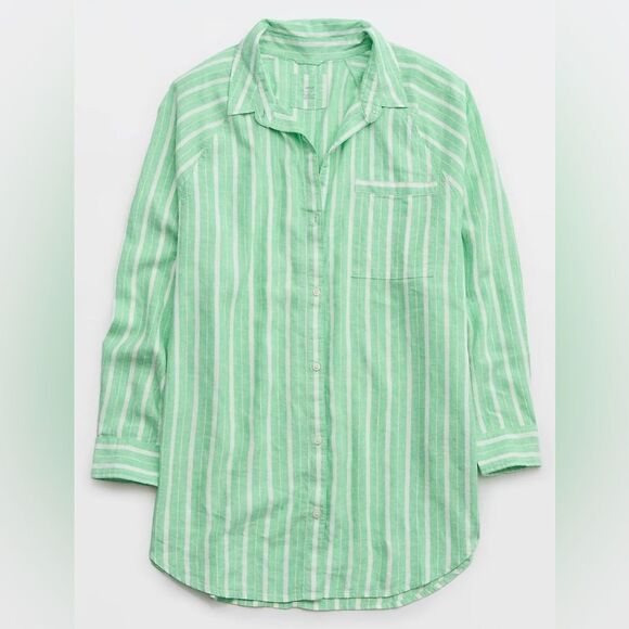aerie S Celebrity Green White Stripe Pool-to-Party Linen Blend Cover up Shirt - Picture 5 of 17